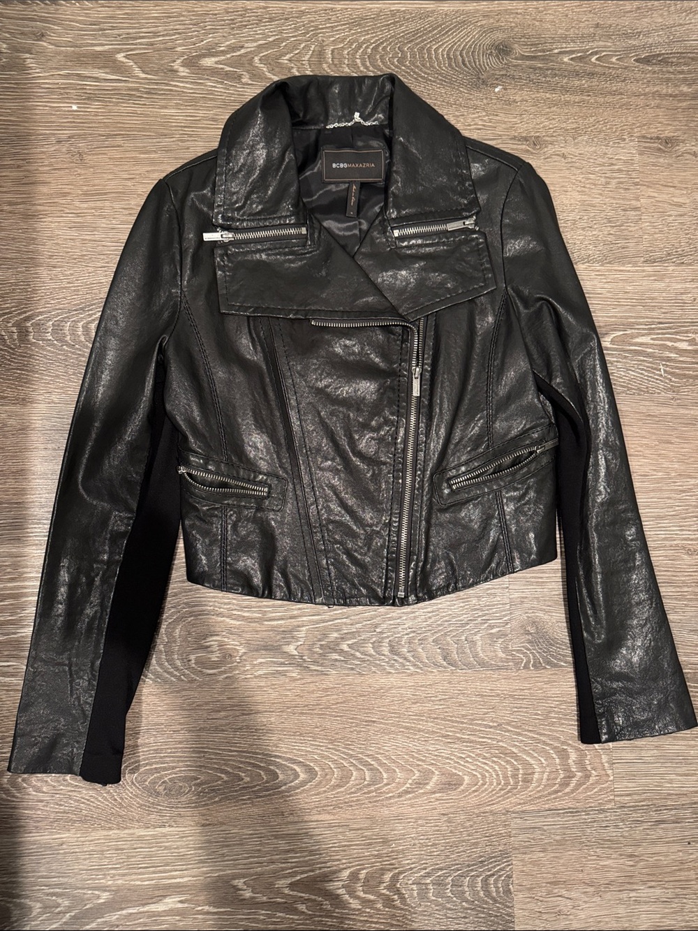 BCBGMaxAzria Black Asymmetric Faux Leather Moto Jacket